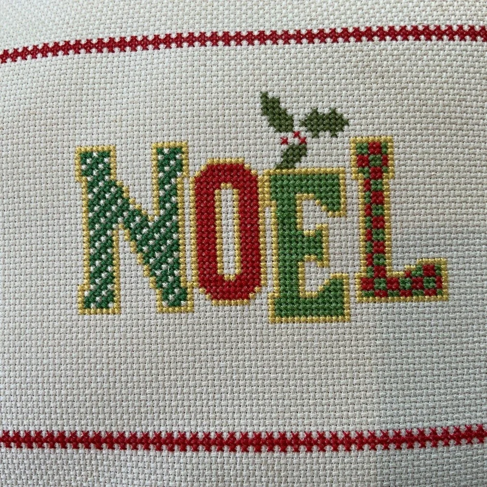 NOEL‎ Small Christmas Pillow Needlepoint Holiday Hand Made Cottage Core Prairie